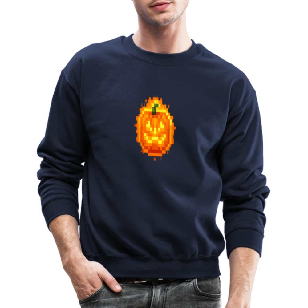 Pixel Pumpkin Power Up Halloween Retro 8 Bit Gamer Crewneck Sweatshirt - navy