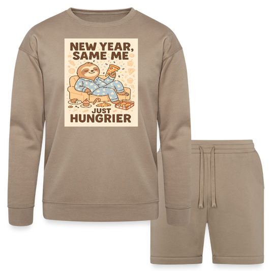 New Year Same Me Just Hungrier Sloth Design Bella + Canvas Unisex Sweatshirt & Short Set - tan