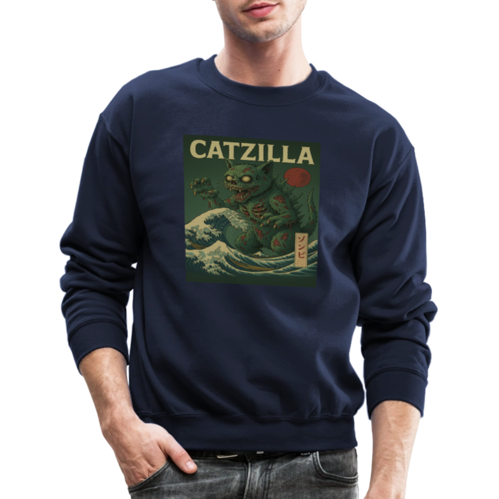 Zombie Catzilla Meme Horror Design Crewneck Sweatshirt - navy