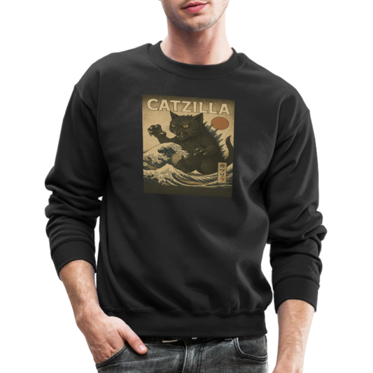 Ukiyo-e Catzilla Retro Japanese Monster Cat Crewneck Sweatshirt - black
