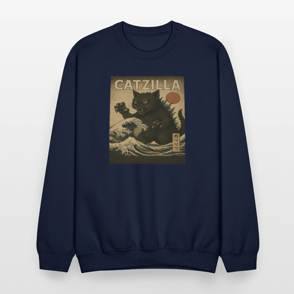 Ukiyo-e Catzilla Retro Japanese Monster Cat Crewneck Sweatshirt - navy