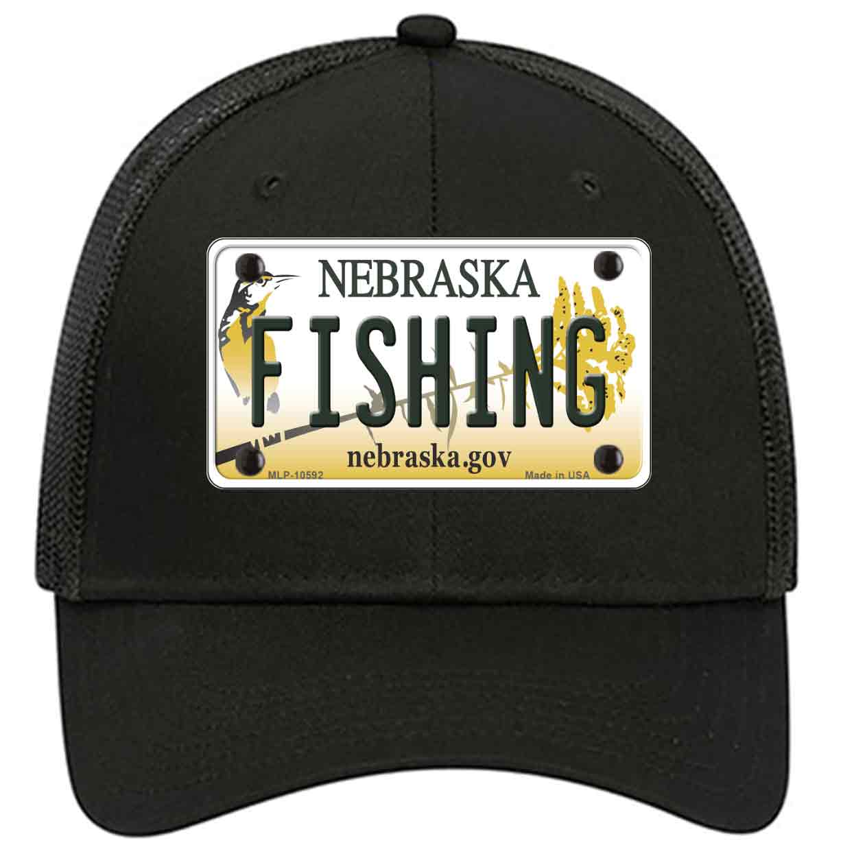 Fishing Nebraska Novelty Black Mesh License Plate Hat