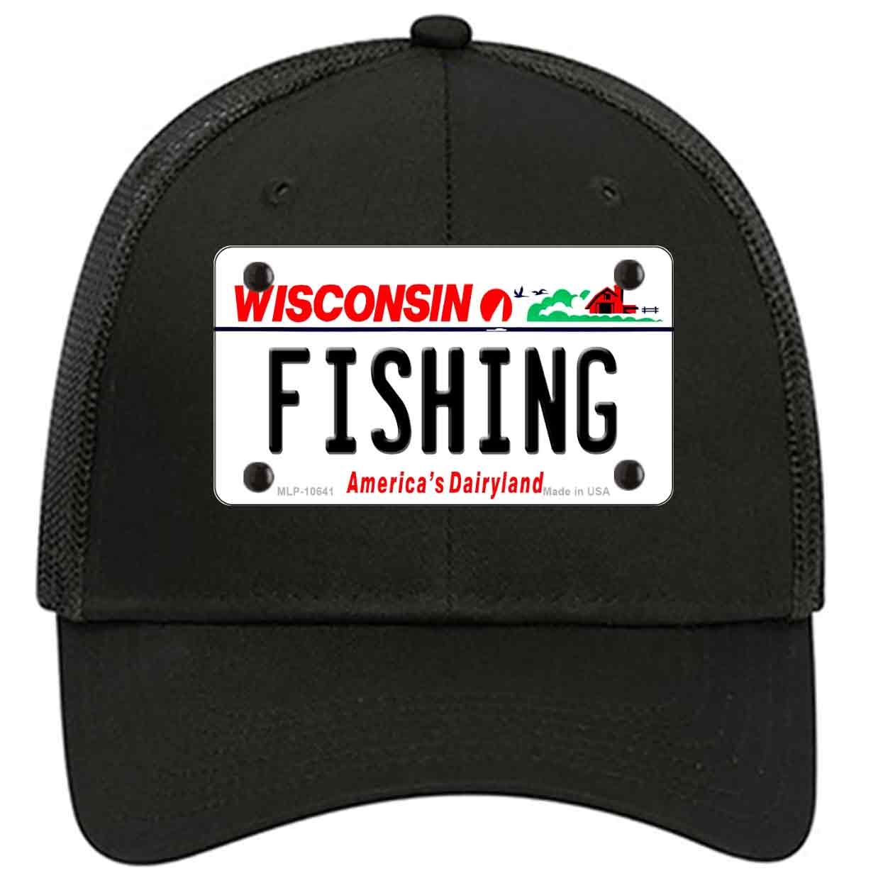 Fishing Wisconsin Novelty Black Mesh License Plate Hat