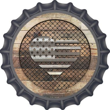Corrugated American Flag Heart on Wood Novelty Metal Bottle Cap 12 Inch Sign (Not Real Wood, Design Only!)