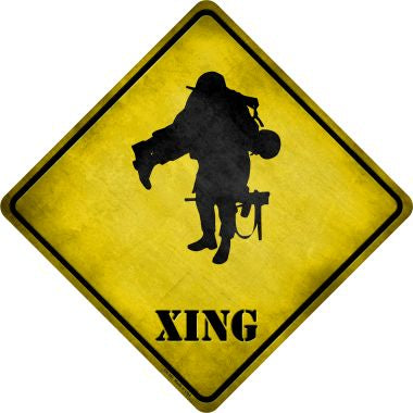 Soldier Carrying Wounded Xing Novelty Metal Crossing Sign CX-181