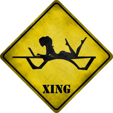 Lady On Laptop In Pool Lounge Xing Novelty Metal Crossing Sign CX-190