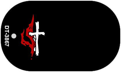 Cross and Flame Offset Novelty Metal Dog Tag Necklace DT-3867