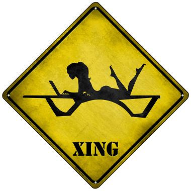 Lady On Laptop In Pool Lounge Xing Novelty Mini Metal Crossing Sign MCX-190