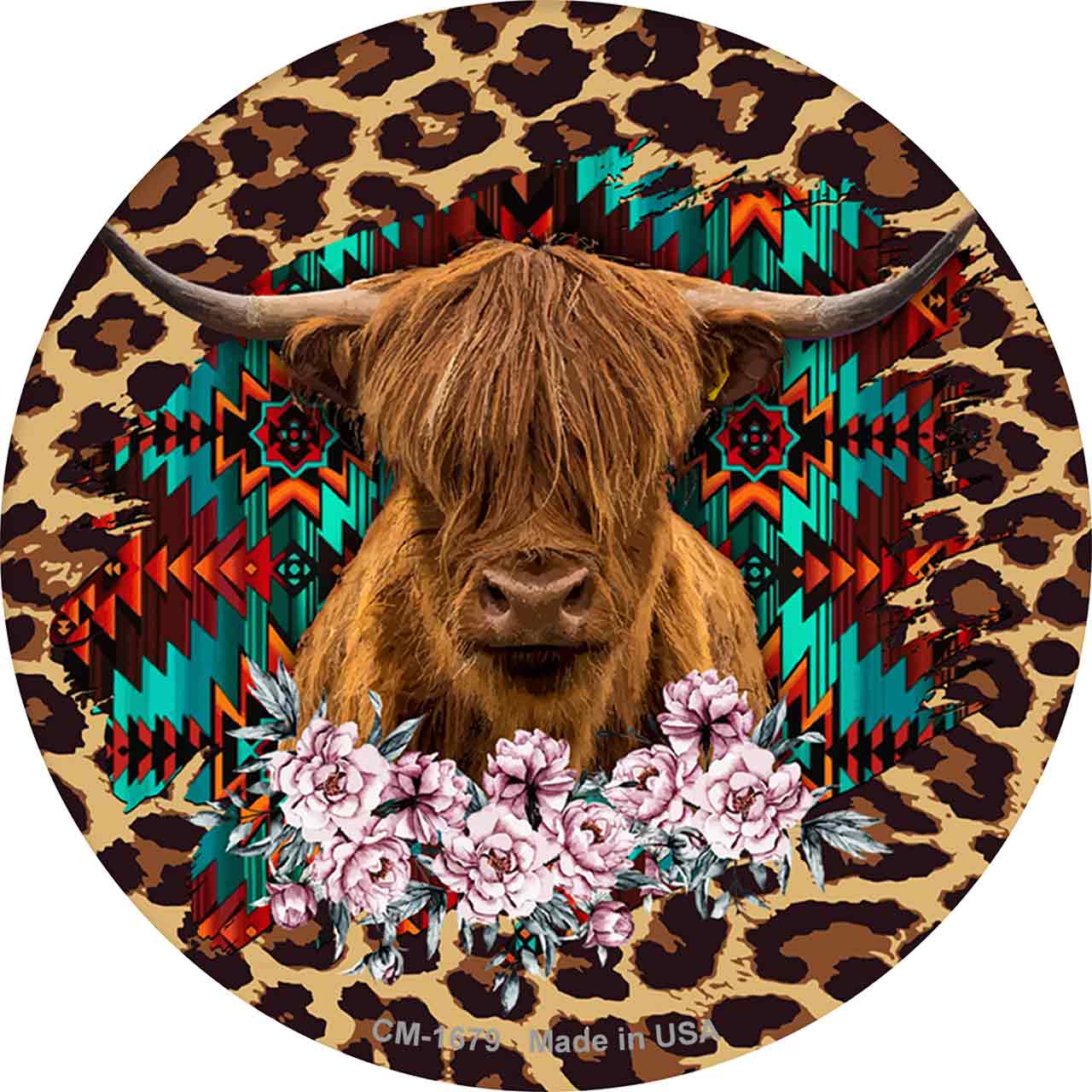 Highland Cattle On Animal Print Novelty Circle Coaster Set of 4