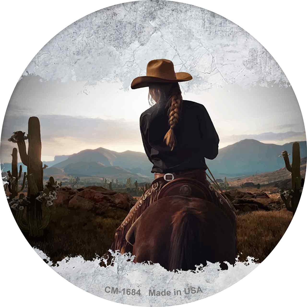 Cowgirl Facing Skyline Novelty Circle Coaster Set of 4