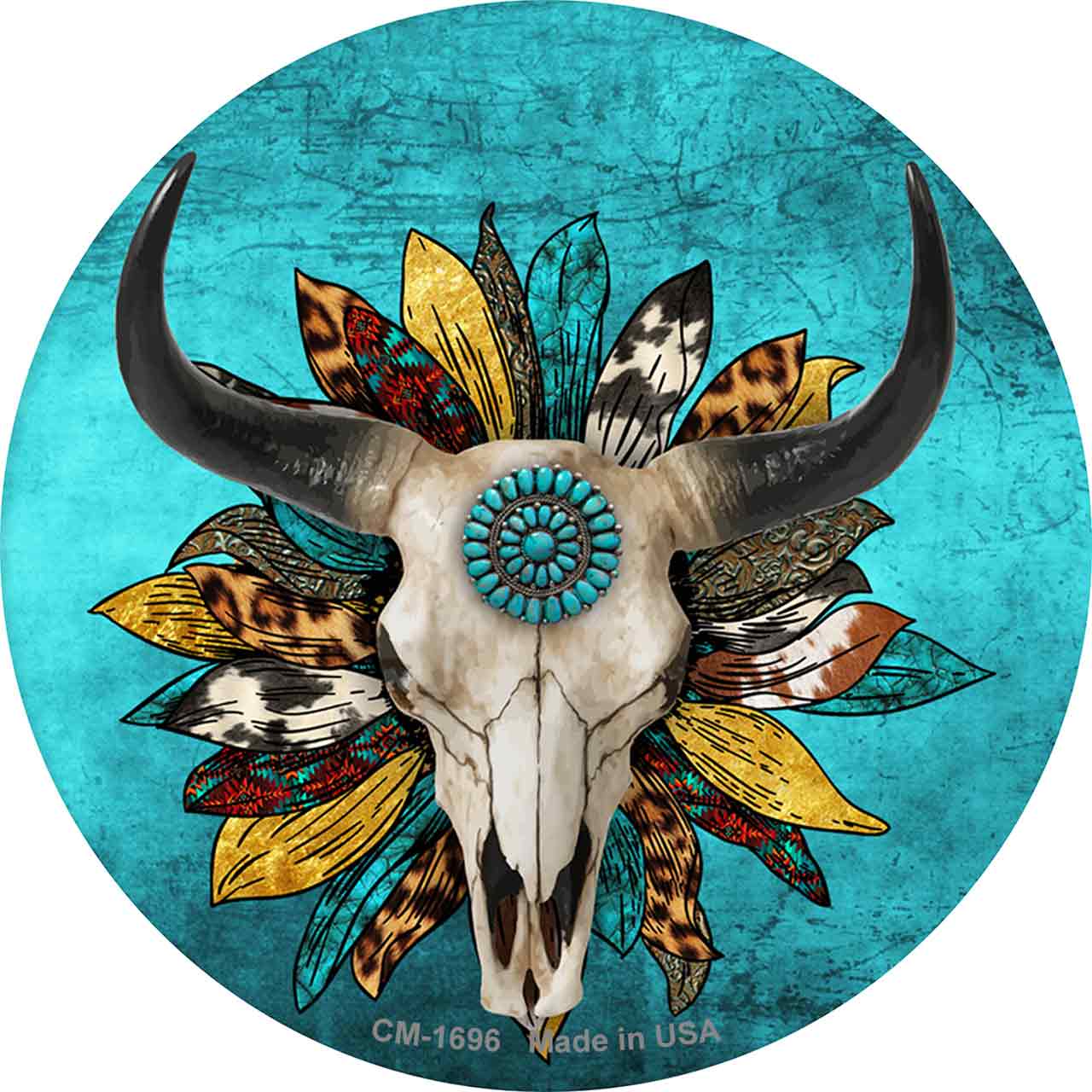 Cow Skull Sunflower Turquoise Novelty Circle Coaster Set of 4