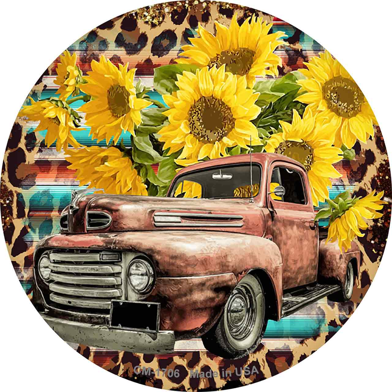 Rusty Truck With Sunflowers Novelty Circle Coaster Set of 4