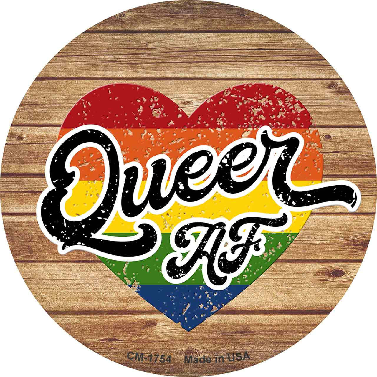 Queer AF Heart On Wood Novelty Circle Coaster Set of 4
