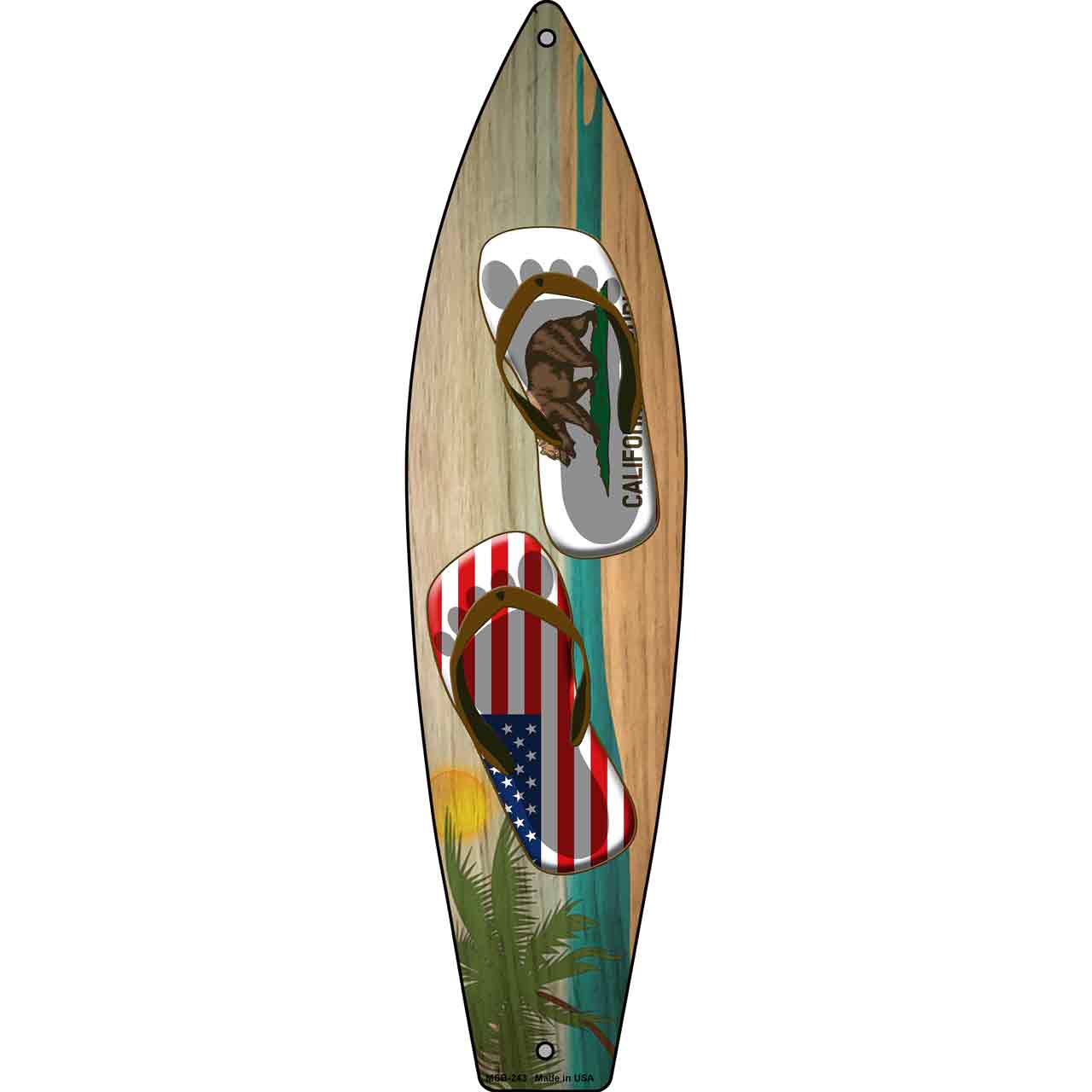California Flag and US Flag Flip Flop Novelty Mini Metal Surfboard MSB-243