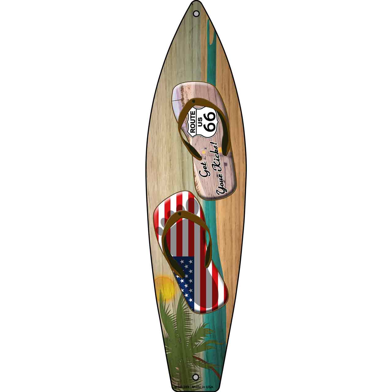 Route 66 Flag and US Flag Flip Flop Novelty Mini Metal Surfboard MSB-289