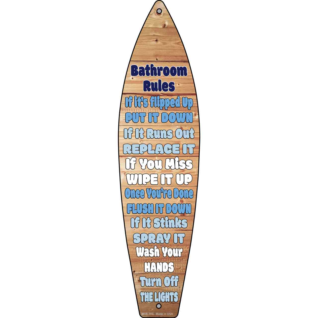 Bathroom Rules Novelty Mini Metal Surfboard Sign MSB-300