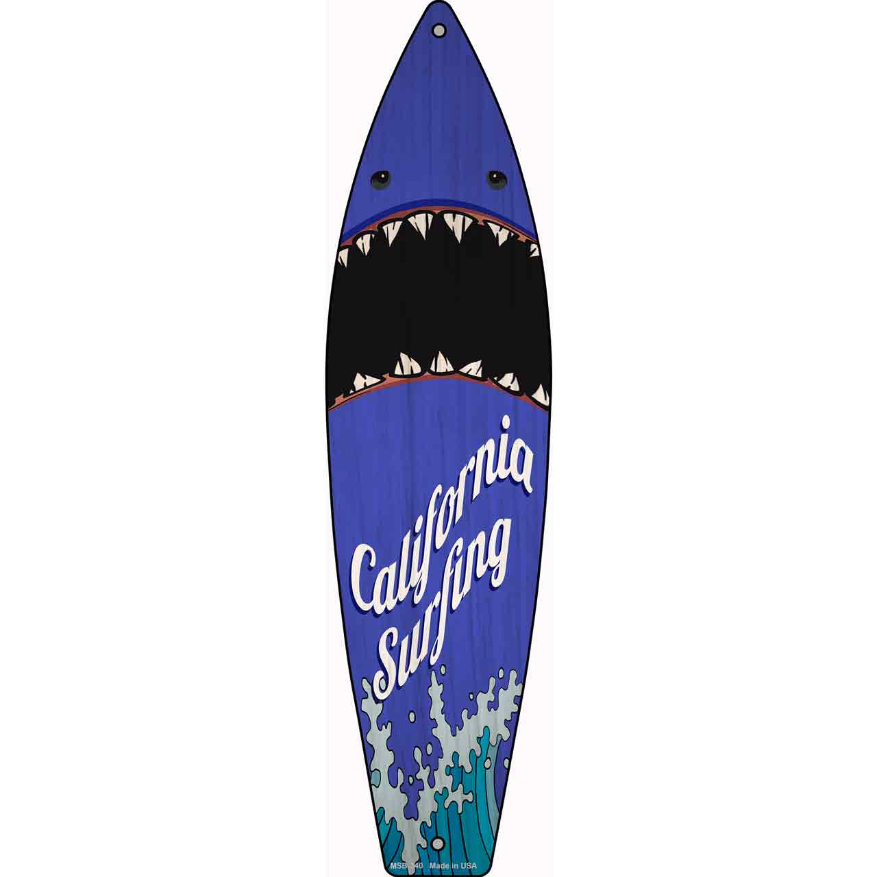 California Surfing Shark Novelty Mini Metal Surfboard Sign MSB-340