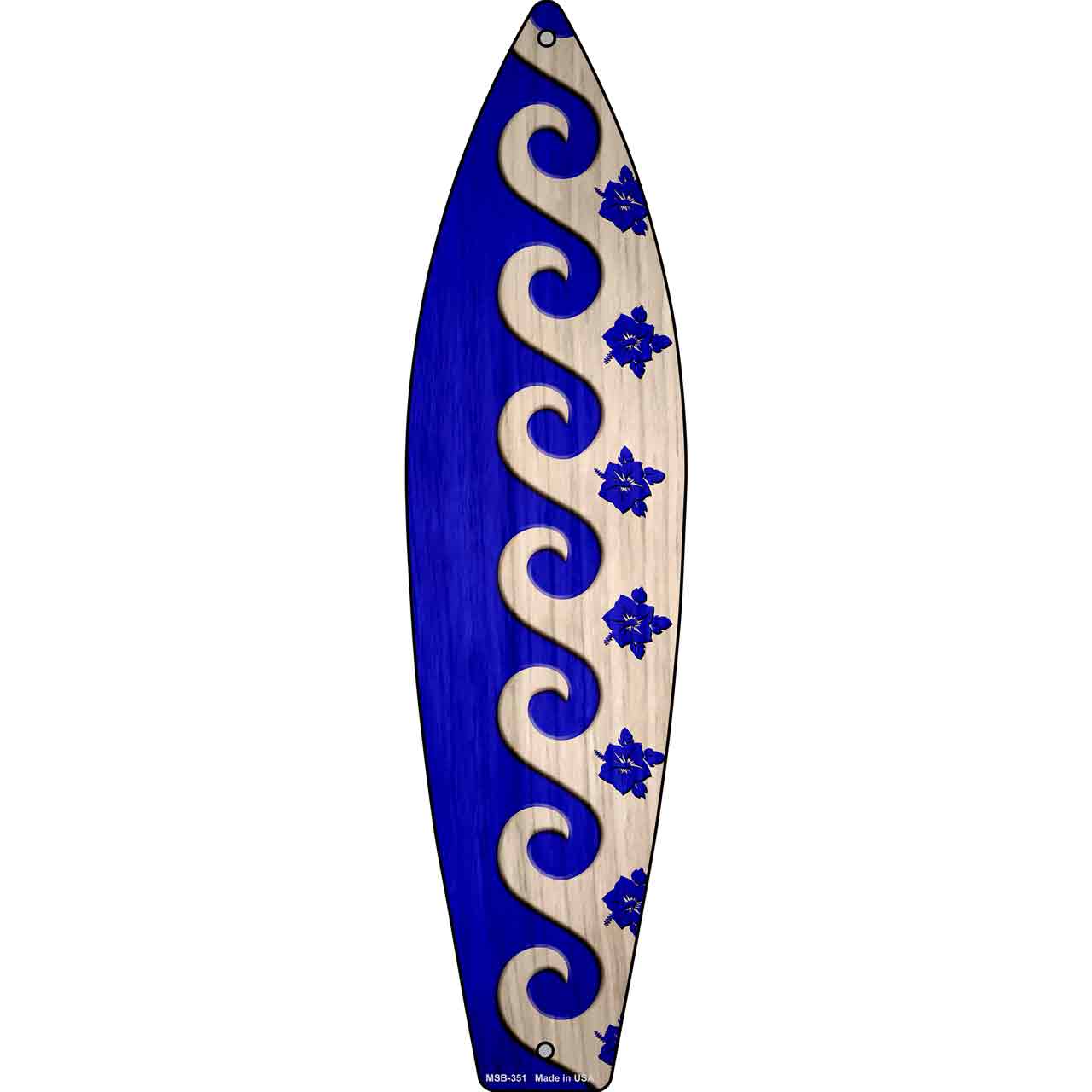 Blue Waves And Flowers Novelty Mini Metal Surfboard Sign MSB-351