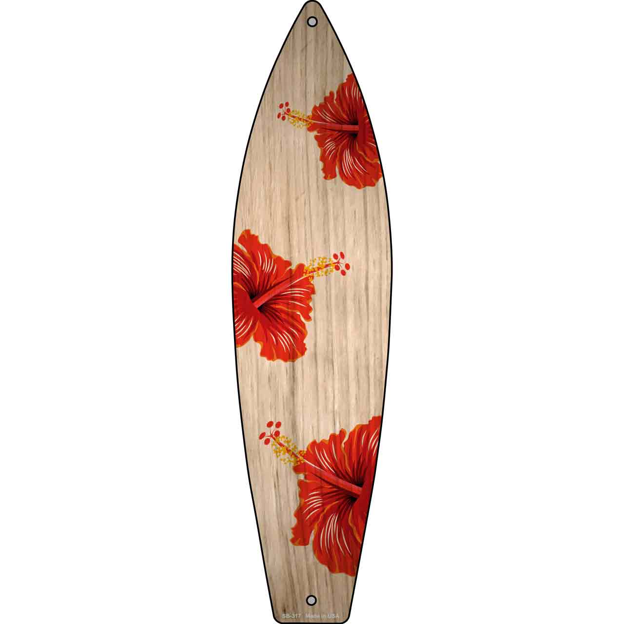 Red Hawaiian Flowers Novelty Metal Surfboard Sign SB-317