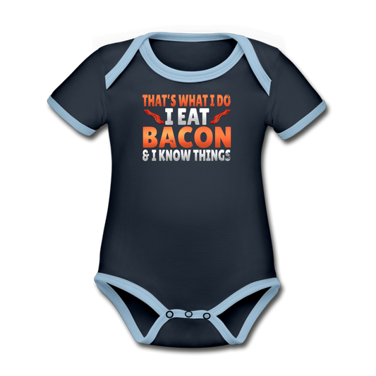Funny I Eat Bacon And Know Things Bacon Lover Organic Contrast Short Sleeve Baby Bodysuit - navy/sky