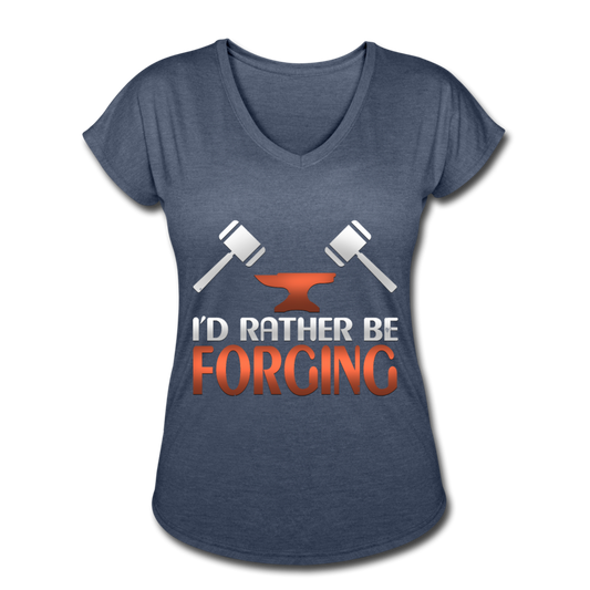I'd Rather Be Forging Blacksmith Forge Hammer Women's Tri-Blend V-Neck T-Shirt - navy heather