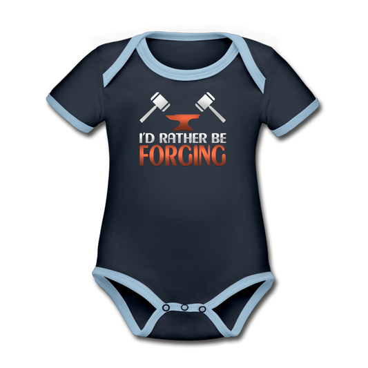 I'd Rather Be Forging Blacksmith Forge Hammer Organic Contrast Short Sleeve Baby Bodysuit - navy/sky