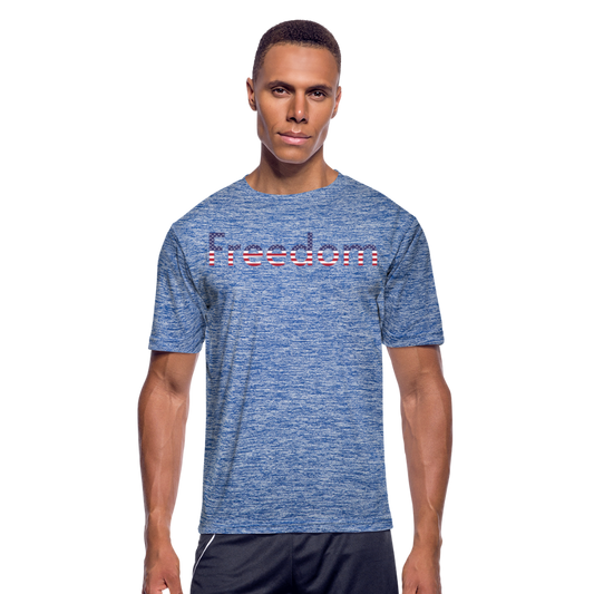 Freedom Patriotic Word Art Men’s Moisture Wicking Performance T-Shirt - heather blue