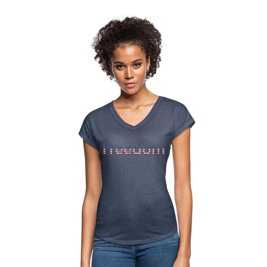 Freedom Patriotic Word Art Women's Tri-Blend V-Neck T-Shirt - navy heather