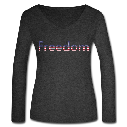 Freedom Patriotic Word Art Women’s Long Sleeve V-Neck Flowy Tee - deep heather