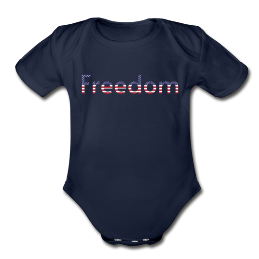 Freedom Patriotic Word Art Organic Short Sleeve Baby Bodysuit - dark navy