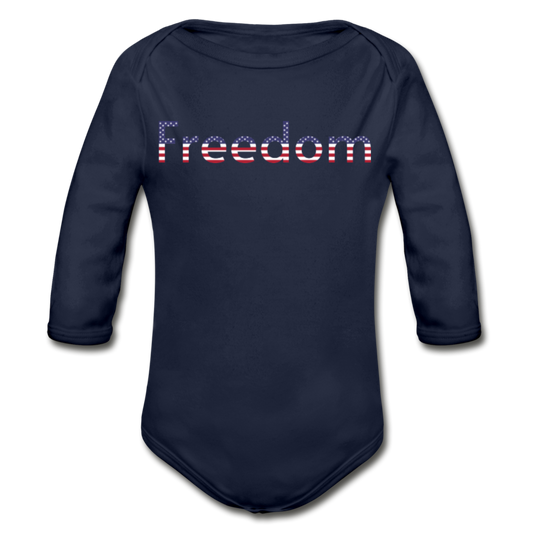 Freedom Patriotic Word Art Organic Long Sleeve Baby Bodysuit - dark navy
