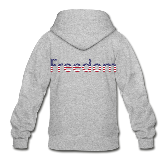 Freedom Patriotic Word Art Gildan Heavy Blend Youth Zip Hoodie - heather gray