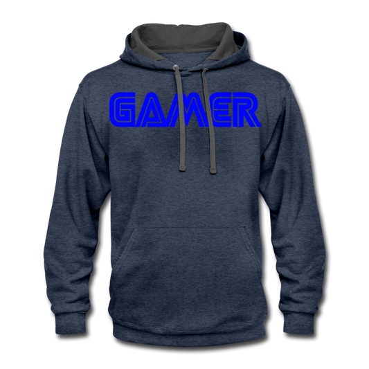 Gamer Word Text Art Contrast Hoodie - indigo heather/asphalt