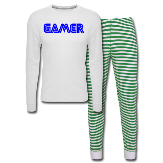 Gamer Word Text Art Unisex Pajama Set - white/green stripe