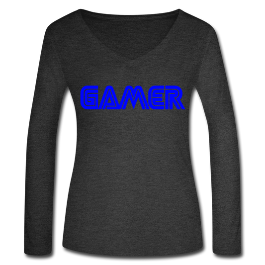 Gamer Word Text Art Women’s Long Sleeve V-Neck Flowy Tee - deep heather
