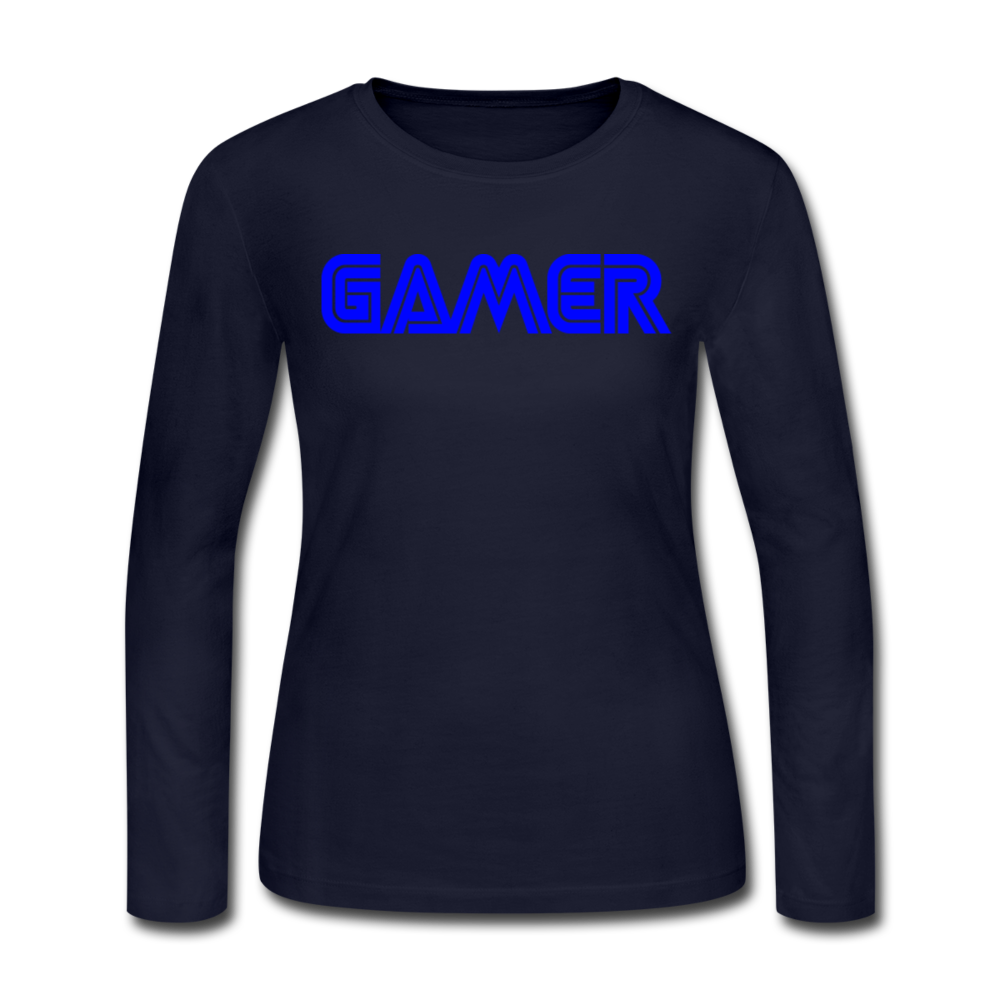 Gamer Word Text Art Women's Long Sleeve Jersey T-Shirt - navy