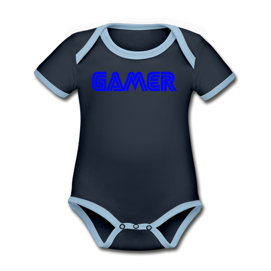 Gamer Word Text Art Organic Contrast Short Sleeve Baby Bodysuit - navy/sky