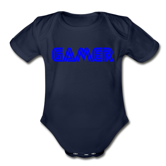 Gamer Word Text Art Organic Short Sleeve Baby Bodysuit - dark navy