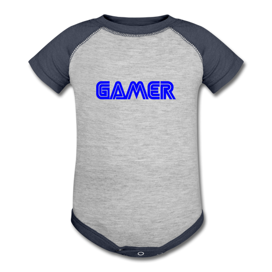 Gamer Word Text Art Baseball Baby Bodysuit - heather gray/navy
