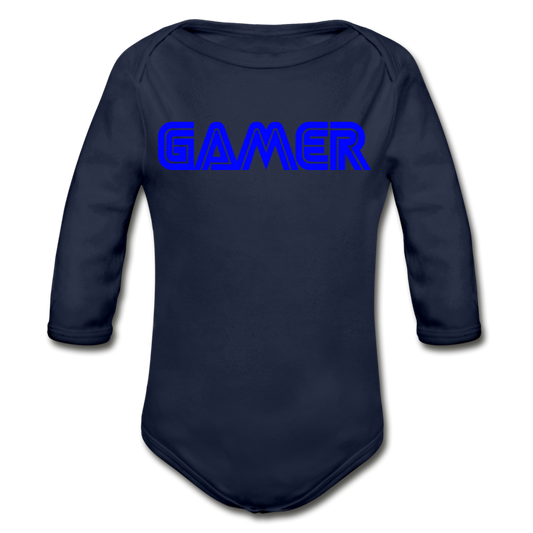 Gamer Word Text Art Organic Long Sleeve Baby Bodysuit - dark navy