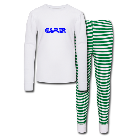Gamer Word Text Art Kids’ Pajama Set - white/green stripe