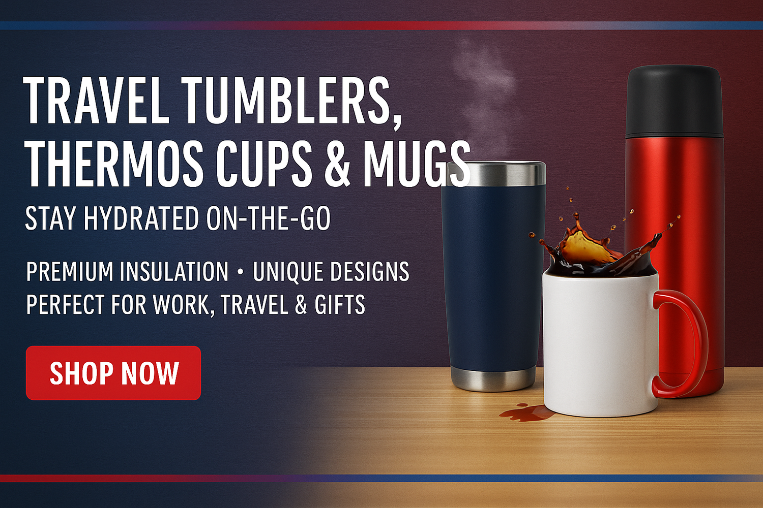 Travel Tumblers, Thermos, Cups and Mugs that can be used daily for work, school, travel, camping, car, house, beach, tailgating. Keep your drinks hot or cold for hours and to have anytime.