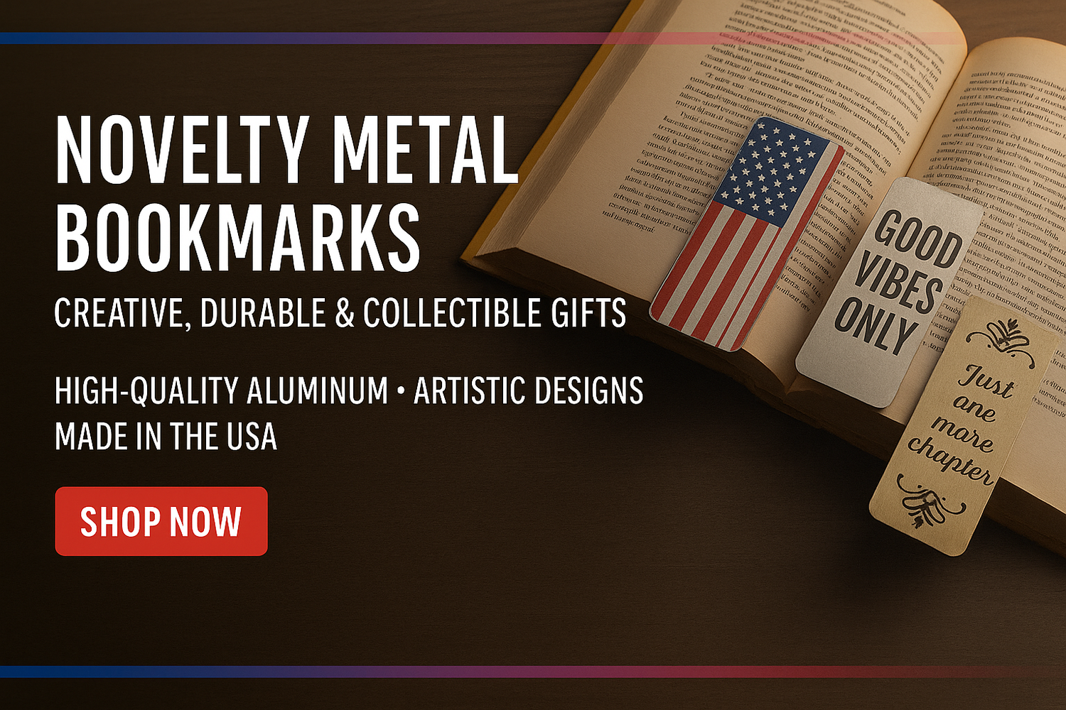 Novelty metal 6" x 1.5" Inch bookmarks. Made of the highest quality aluminum for a weather resistant finish. It is lightweight and durable and has pre-drilled holes for quick and easy mounting. Proudly made in the USA.