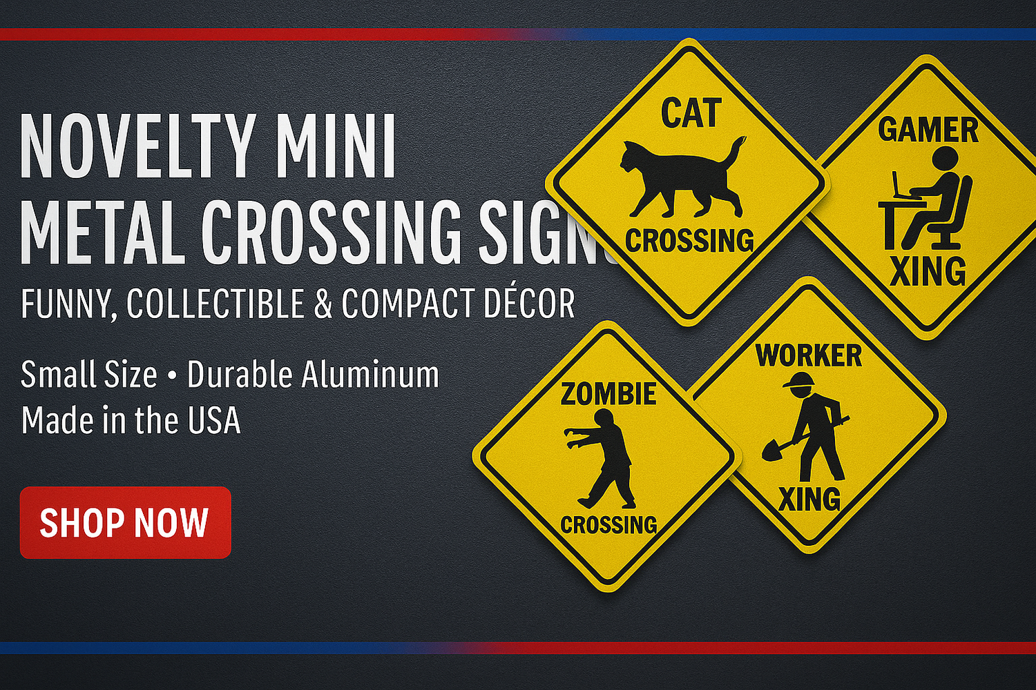 8.5" Inch Mini Crossing Signs, made of the highest quality aluminum for a weather resistant finish. It is lightweight and durable and has pre-drilled holes for quick and easy mounting. Personalize with ribbon, wire or string. Proudly made in the USA.