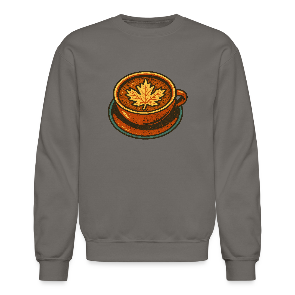 Autumn Coffee Cup with Maple Leaf Art Crewneck Sweatshirt - asphalt gray