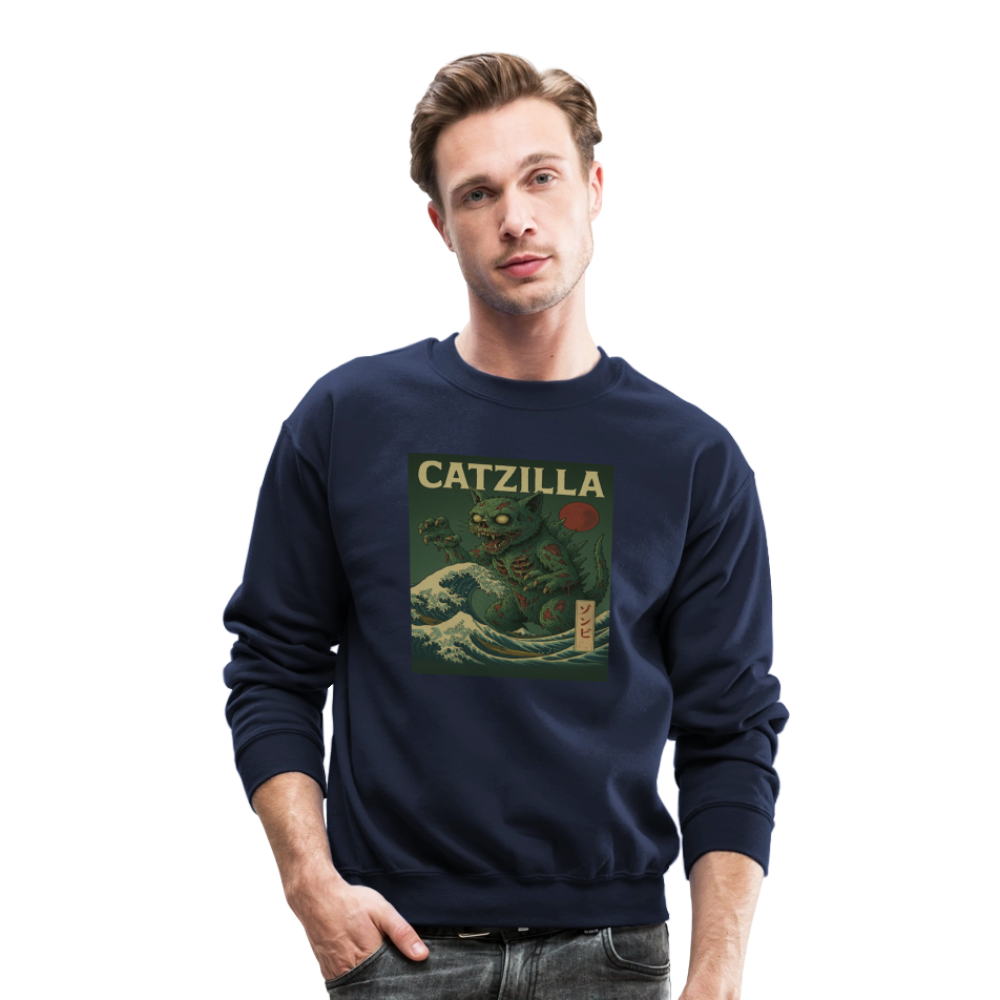 Zombie Catzilla Meme Horror Design Crewneck Sweatshirt - navy