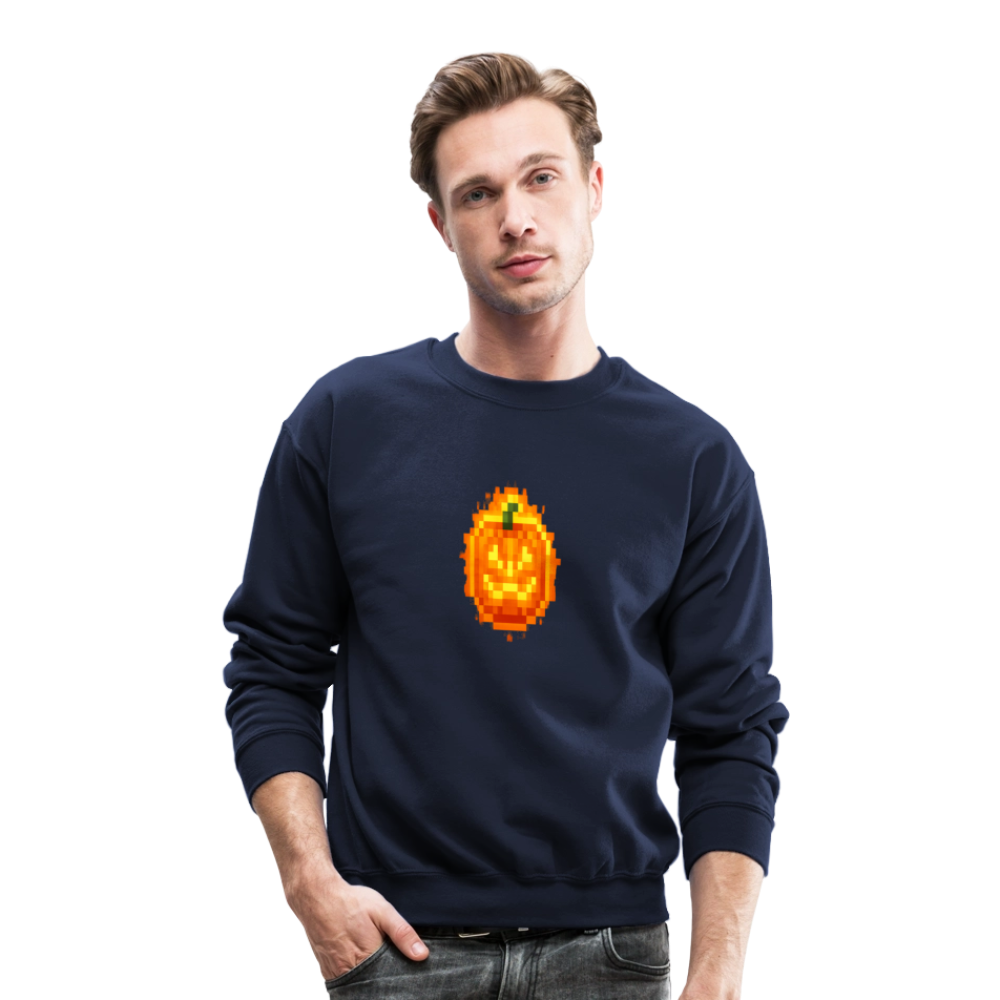 Pixel Pumpkin Power Up Halloween Retro 8 Bit Gamer Crewneck Sweatshirt - navy