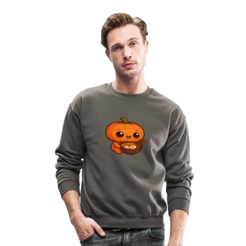 Chibi Pumpkin with Ramen Bowl Kawaii Art Crewneck Sweatshirt - asphalt gray