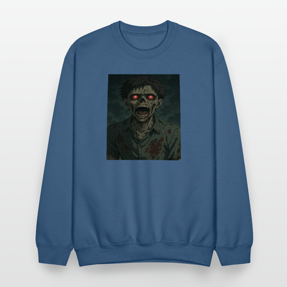 Scary Anime Zombie With Glowing Eyes Horror Art Crewneck Sweatshirt - indigo blue