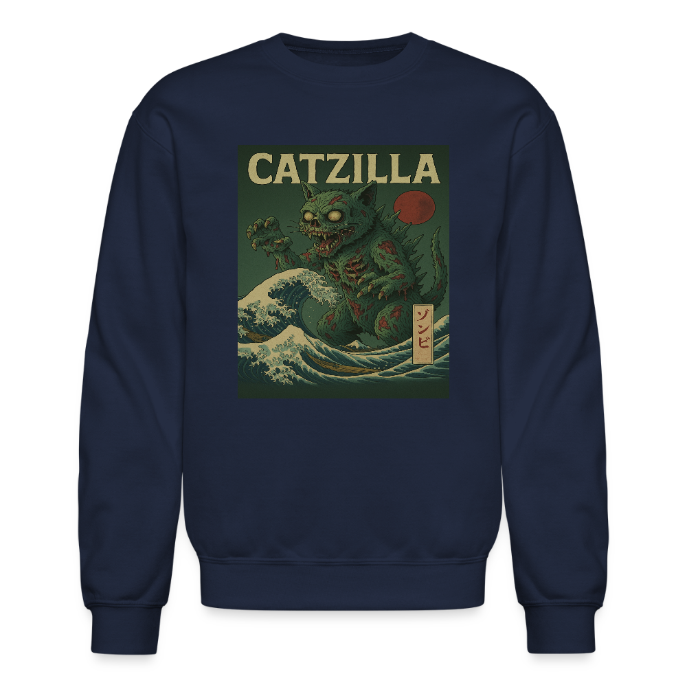 Zombie Catzilla Meme Horror Design Crewneck Sweatshirt - navy